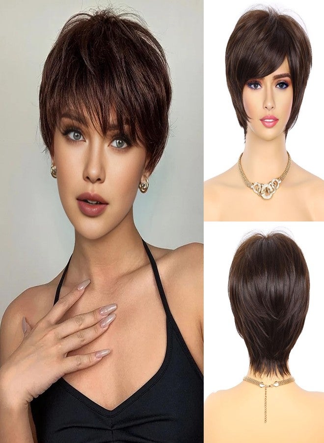 MIMAN Short Brown Pixie Cut Wigs with Bangs Synthetic Hair Wig for Women Party Halloween Costume Cosplay Wigs 4A Natural Layered Hair Wig - Image 1